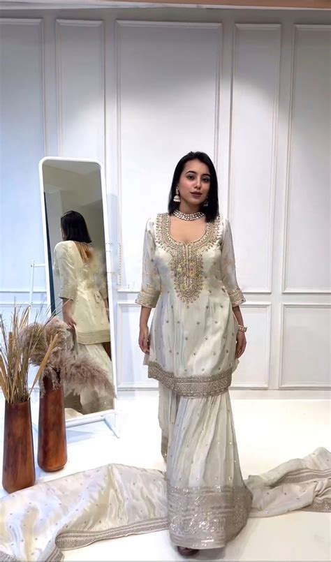 Glamorous White Color Chinnon Silk Embroidery Sharara Suit