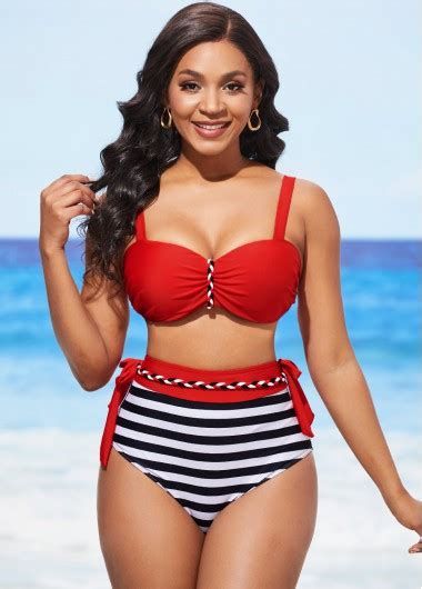 Modlily High Waisted Stripe Print Color Block Bikini Set S SheFinds