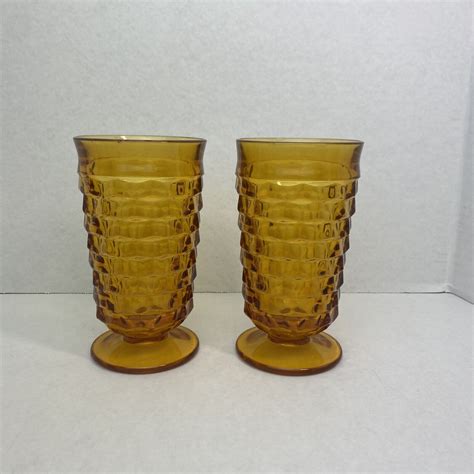 Vintage Indiana Colony Whitehall Amber Footed Cubist Iced Tea Tumblers