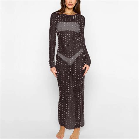 Fnochy Sexy Women S Sheer Mesh Pearl Rhinestone Cover Up Dress Beach Swimwear Bikini Bathing