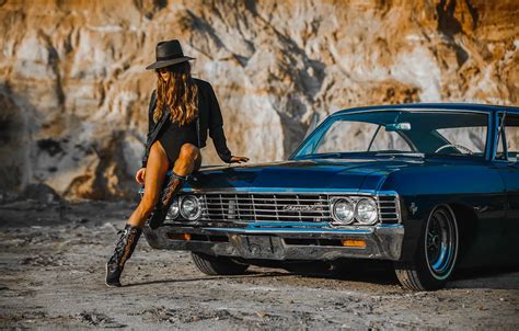 Wallpaper Retro Cars Sexy Babe Chevrolet Impala Pretty Woman On The Hood Chevrolet