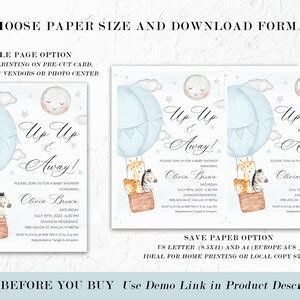 Up Up And Away Hot Air Balloon Boy Blue Baby Shower Invitation Editable Safari Baby Boy Shower