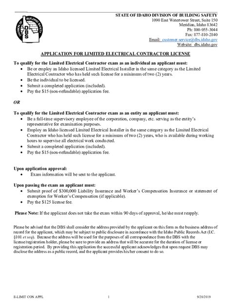 Fillable Online Dbs Idaho Application For Electrical Master License