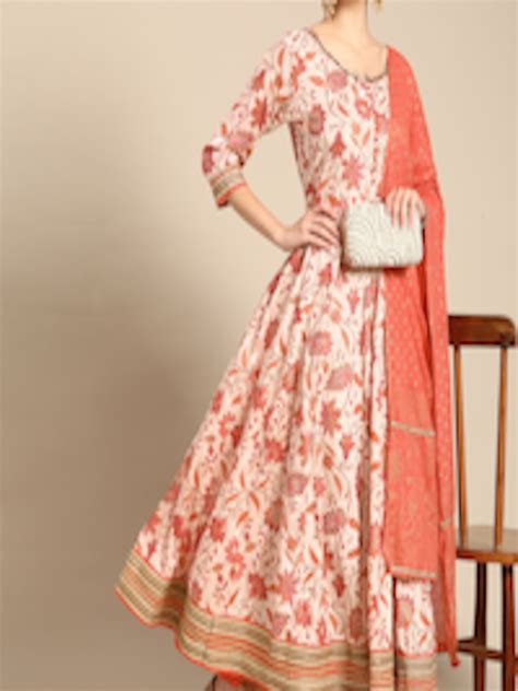 Buy Sangria Women Peach Coloured Floral Printed Gotta Patti Anarkali