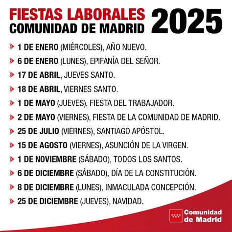 Fiestas Laborales Para El A O En La Comunidad De Madrid Cppm