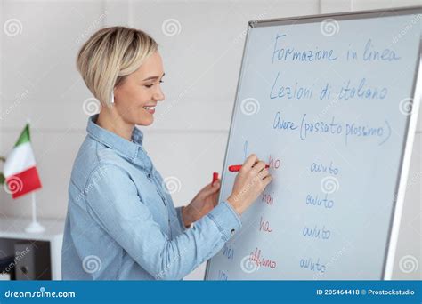 Teaching Foreign Languages Online Cheerful Female Teacher Giving Italian Class Writing Down