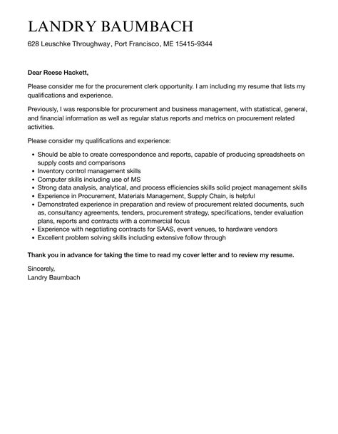 Procurement Clerk Cover Letter | Velvet Jobs