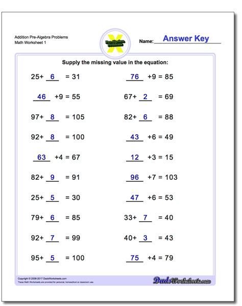 Addition Pre Algebra Worksheets