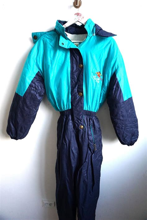 Vintage One Piece Skiing Suit Ski Wear Blue Skisuit M L Onepiece Overall Romper