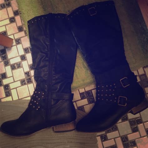 Black Leather Studded Knee High Boots - Gem