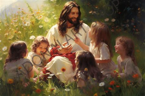 Jesus Christ With Small Children in Meadow Flowers Oil Painting ...