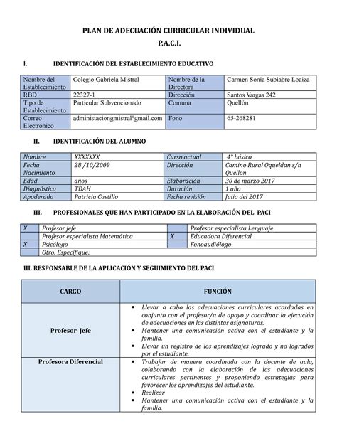 Ejemplo PACI PACI en practica PLAN DE ADECUACIÓN CURRICULAR