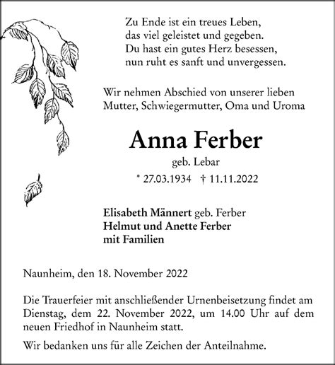 Traueranzeigen Von Anna Ferber Vrm Trauer De