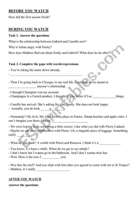 Emily In Paris Season 2 Episode 1 Tasks Esl Worksheet By Irinaesenina