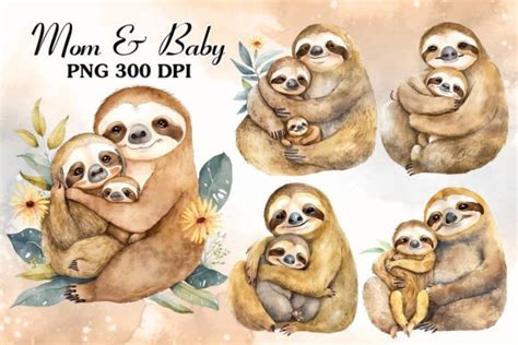 Mom And Baby Sloth Watercolor Clipart Graphic By Cat Lady Creative