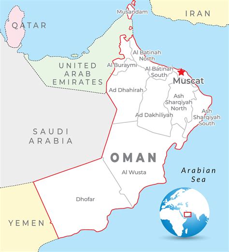 Oman map with capital Muscat, most important cities and national ...