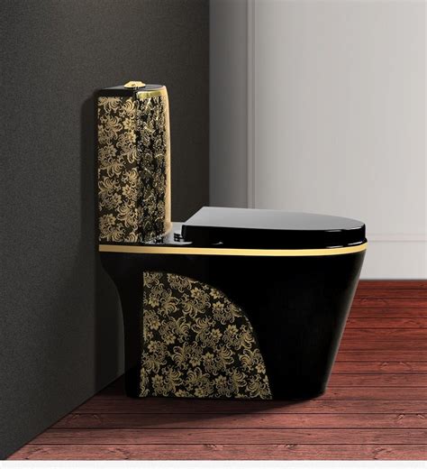 Black Luxury Toilet Design Model With Gold Flowers Wc