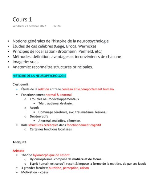 Notes Du Cours Psy Notions G N Rales De Lhistoire De La