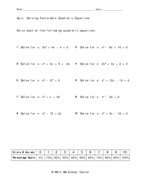 Solving Factorable Quadratic Equations Worksheet For 9th Grade Lesson