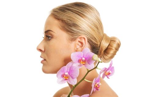 Portrait Of Nude Woman With Purple Orchid Stock Photo Image Of Gorgeous Beauty