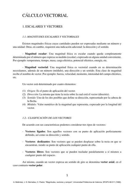 Apuntes de cálculo vectorial Escalares y vectores Matemáticas y