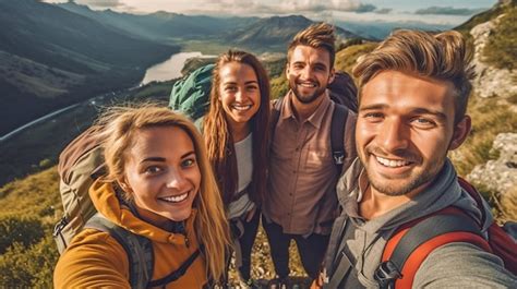 Premium Photo Four Hikers With Backpacks Take A Selfie While Walking