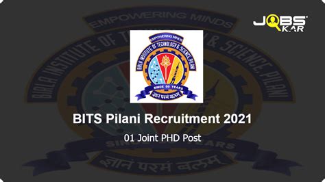 BITS Pilani Recruitment 2021 Apply Online For Joint PHD Post