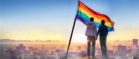 Concepto De Orgullo Lgbt Dos Hombres De Pie Sosteniendo Banderas De