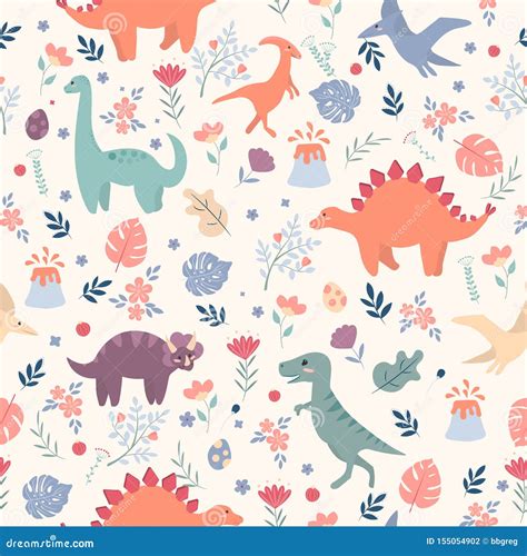 Seamless Pattern With Dinosaurs And Tropical Leaves And Flowers