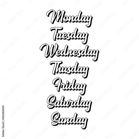 Hand Lettered Days Of The Week Calligraphy Words Monday Tuesday