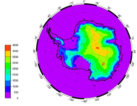 Topographic map of Antarctica, showing the location of Dome C (red C ...