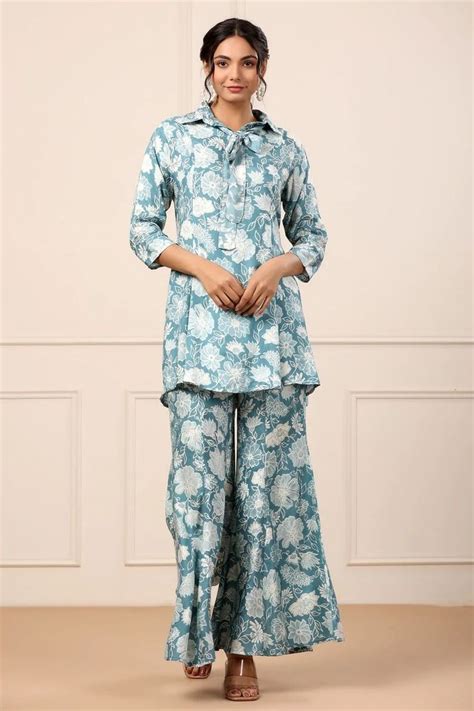 Floral Blue Silk Co Ord Set Co Ords Outfits Stylish Short Dresses