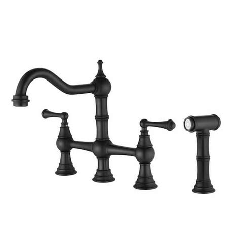 Antique Classic Double Handle Bridge Kitchen Faucet With Pull Out Side Spray In Matte Black Gl