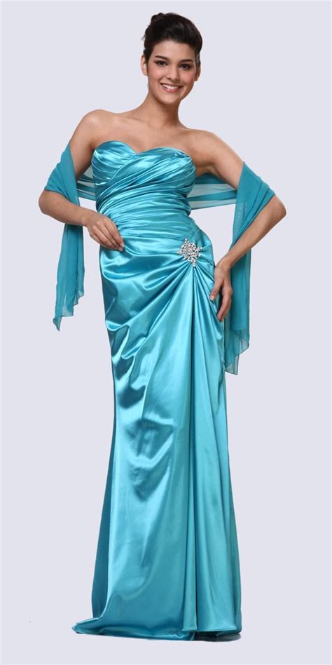 Turquoise Satin Prom Dress Pleated Bodice Strapless Sweetheart Neck