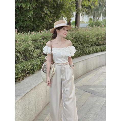 SET CROP VOAN NUDE TRỄ VAI BÈO và QUẦN SUÔNG Shopee Việt Nam