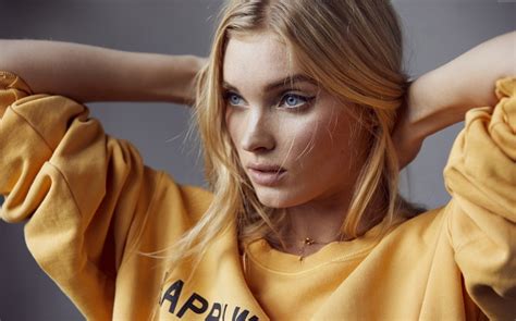 Blonde Blue Eyes Yellow Clothing Face Elsa Hosk Women Arms Up