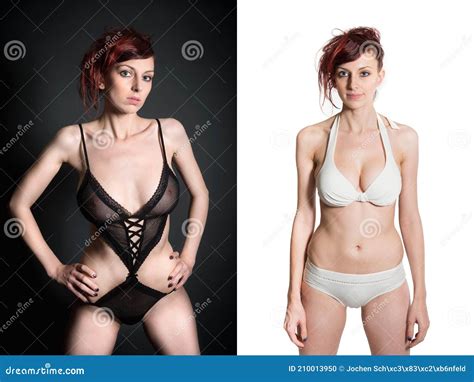 Deux Portraits D Une Belle Jeune Femme En Lingerie Noire Et Bikin Blanc
