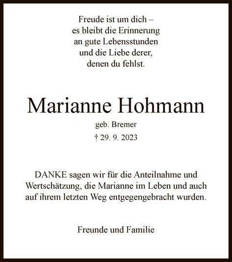 Traueranzeigen Von Marianne Hohmann Trauer Hna De