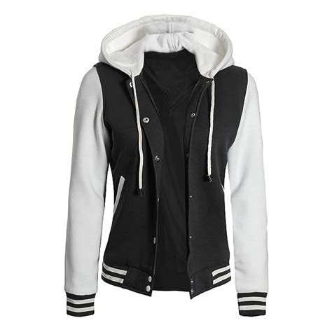 Custom Black And White Hooded Varsity Jacket Baseball Style Wholesale