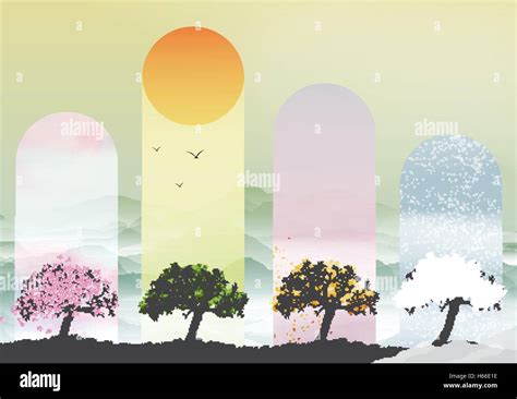 Four Seasons Banners With Abstract Trees Vector Illustration Stock