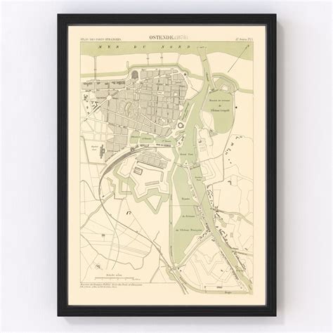 Ostend Map 1878 Old Map of Ostend Belgium Art Vintage Print Framed Wall ...