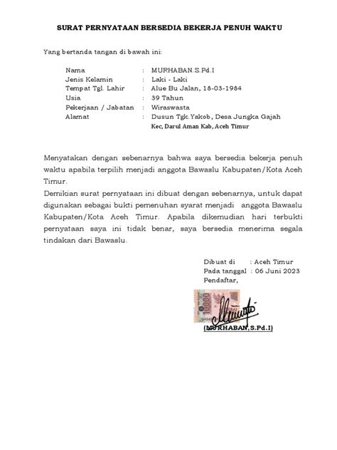 Surat Pernyataan Bersedia Bekerja Penuh Waktu Pdf