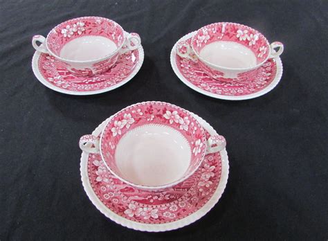 3 Vintage Copeland Spode Pink Tower TWO HANDLE SOUP BOWLS WITH UNDER