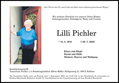 Traueranzeigen Von Lilli Pichler Rz Trauer De