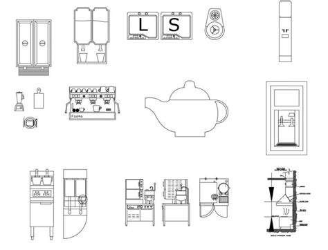 Multiple Kitchen Crockery And Coffee Machine Elevation Blocks Cad