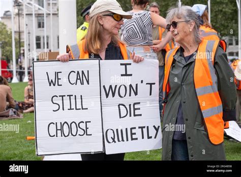 Just Stop Oil activists holding protest signs in central London ...