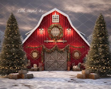 Christmas Digital Background Photography Red Barn Farm On Snow Winter