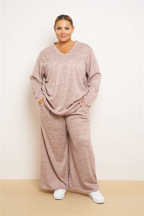 Plus Size Nude 2 Piece Co Ord Set With Mid Length Top Wide Leg Trousers Praslin Clothing