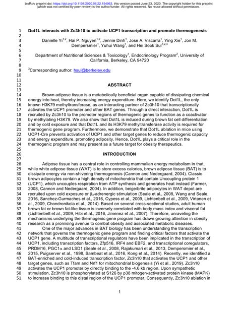 PDF Dot1L Interacts With Zc3h10 To Activate UCP1 Transcription And