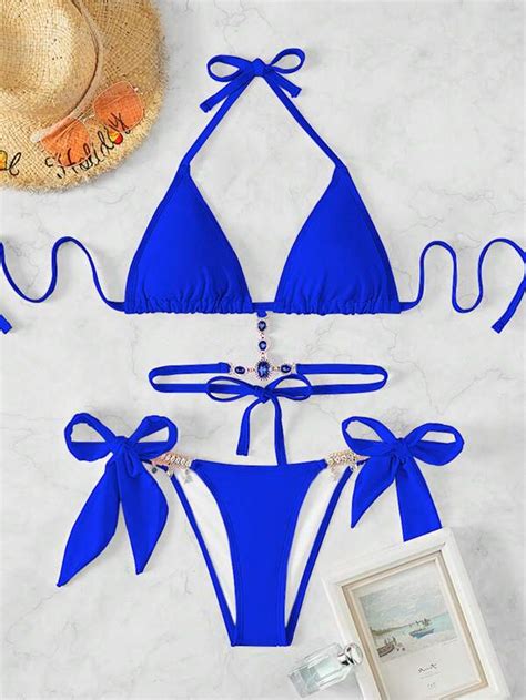 Shein Swim Sxy Rhinestone Decor Halter Triangle Bikini Swimsuit Shein Uk